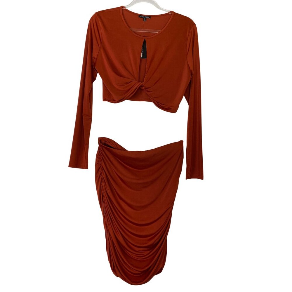 Fashion Nova Rust Orange Two Piece Crop Top Ruched Skirt Set Size XL Sexy Club